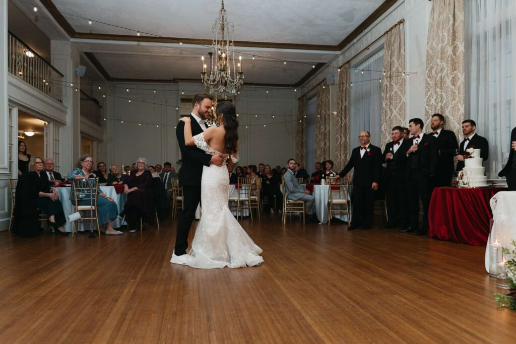 first dance at winter wedding at the hotel concord in charlotte, nc