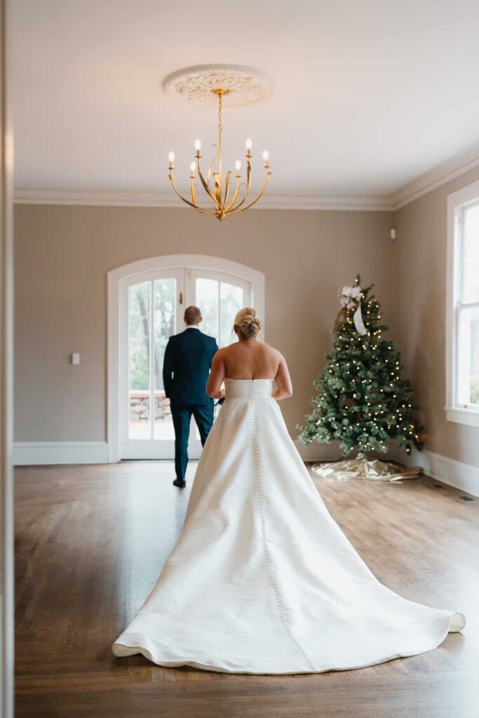 bride and groom first look vanlandingham estate