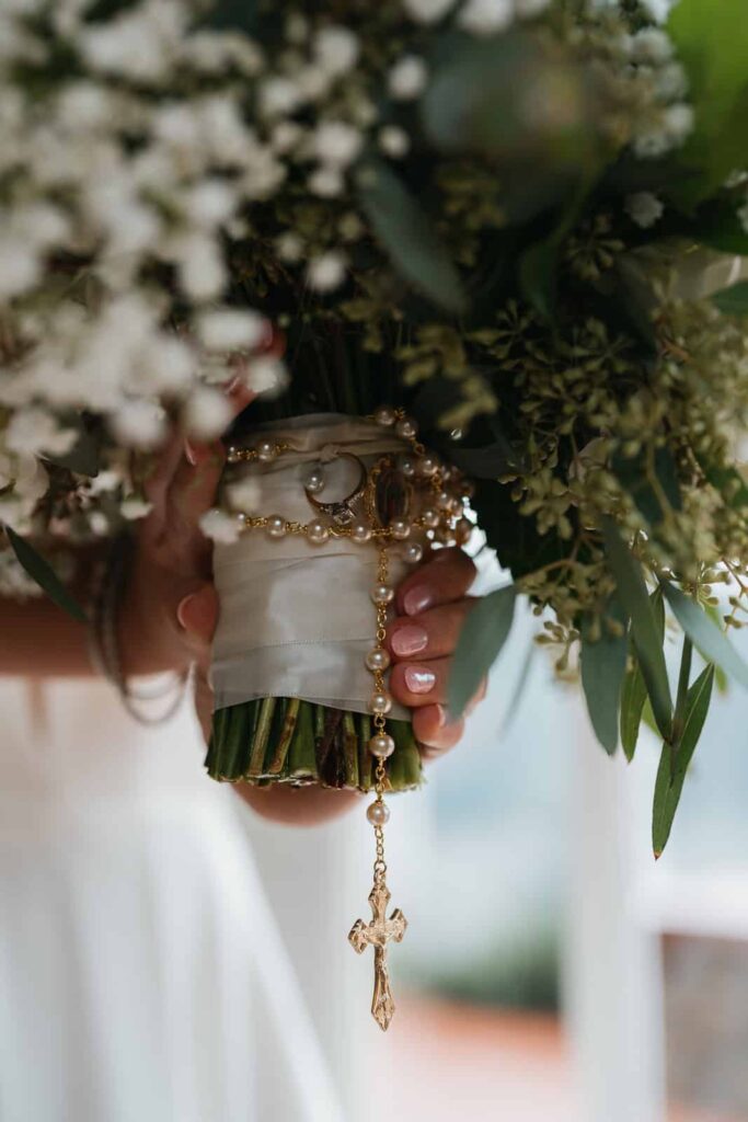 bride's bouquette with a rosary