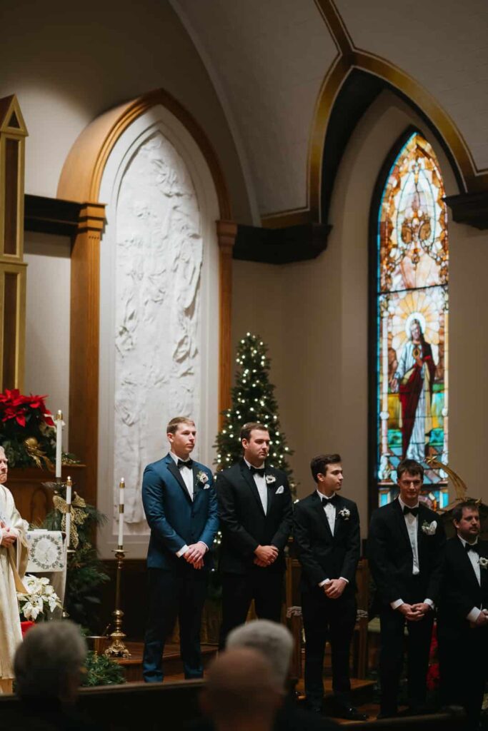 st peters catholic church groom watching bride walk down the aisle